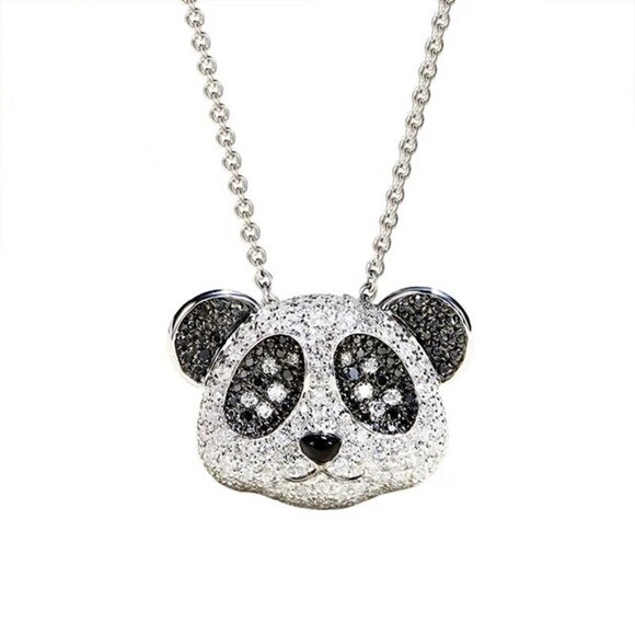 NWT Panda Pendant Necklace Platinum Plated Plated Black Clear Cubic Zirconia - Picture 1 of 7